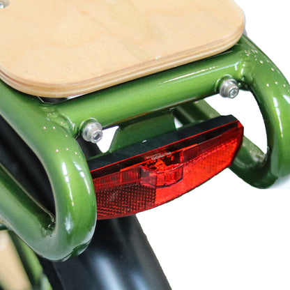 Close-up of a Eunorau Max-Cargo 14AH electric bike with a red tail light and wooden seat on a white background