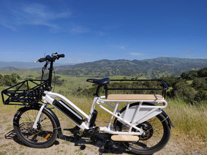 White Eunorau Max-Cargo 14AH with a wooden seat and basket on a grassy hill with mountains in the background