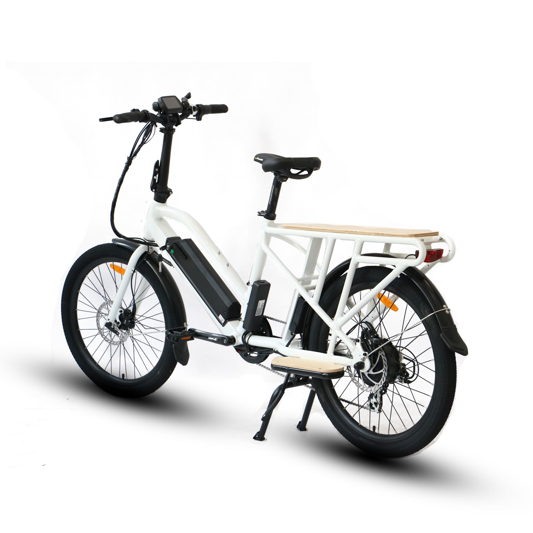 Rear side view of a Eunorau Max-Cargo 14AH white electric bike on a white background