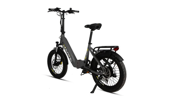Eunorau Meta 20 Foldable Blackelectric bike on a white background with brandind, rear side view