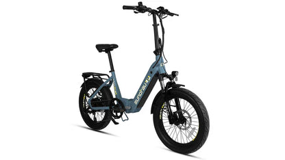 EUNORAU META Foldable electric bike with 20-inch wheels, 15-inch frame, front suspension, hydraulic disc brakes, and folding design for easy storage.