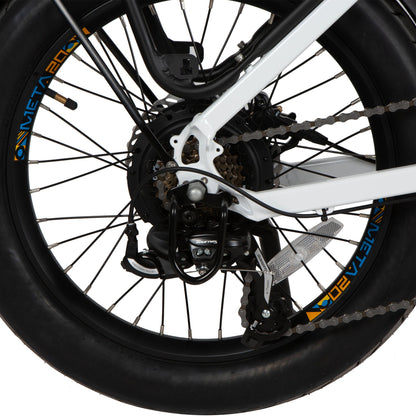 Close-up of EUNORAU META Foldable 20" electric bike rear wheel with 7-speed Shimano gearing and rear motor hub