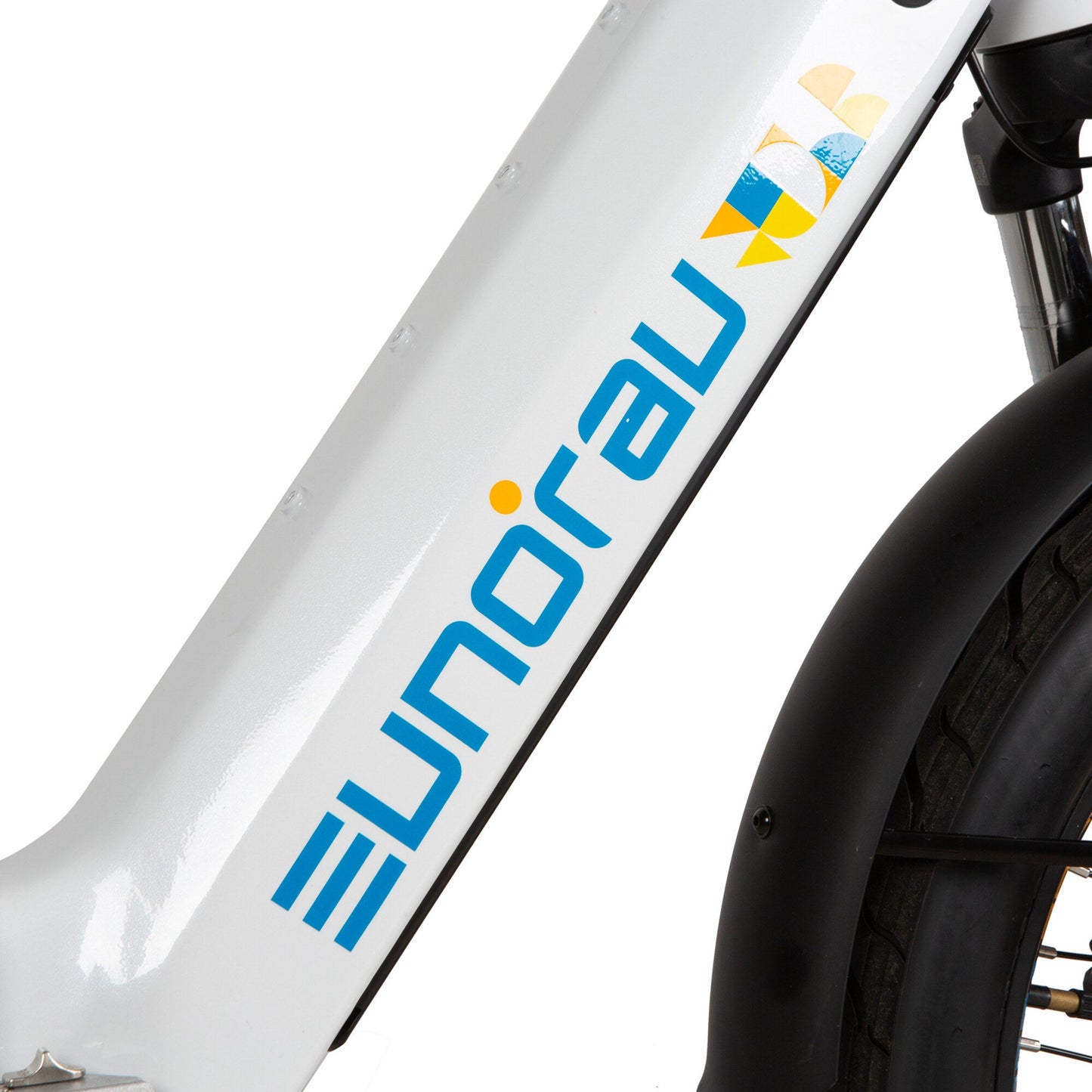 EUNORAU META Foldable electric bike frame close-up with logo and 20" wheel on white background