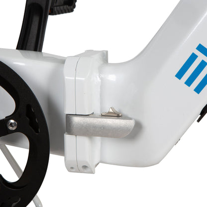 Close-up of white EUNORAU META Foldable electric bike frame fold hinge and pedal crank area