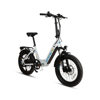EUNORAU META Foldable electric bike with 20-inch wheels, 15-inch frame, dual motor control, front suspension, and foldable design for easy storage.