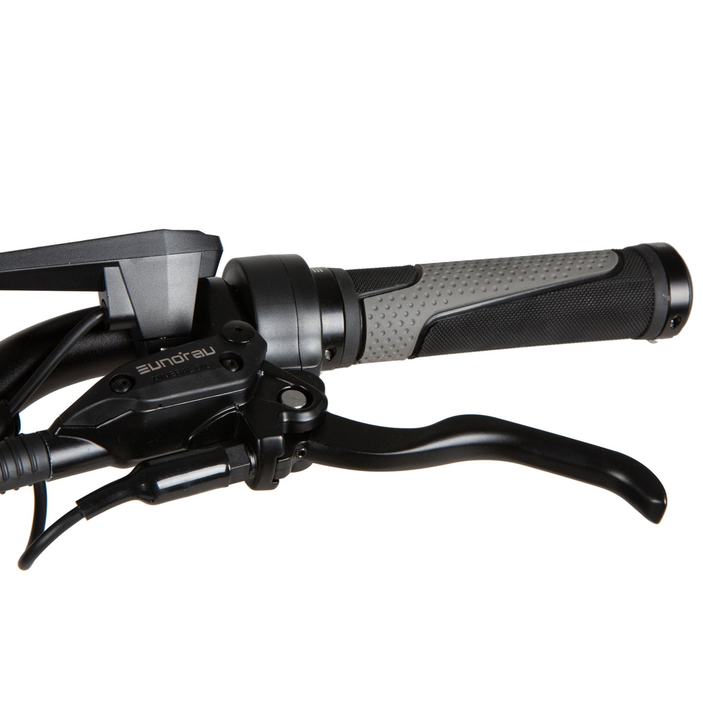Close-up of EUNORAU META Foldable e-bike handlebar with brake lever and grip