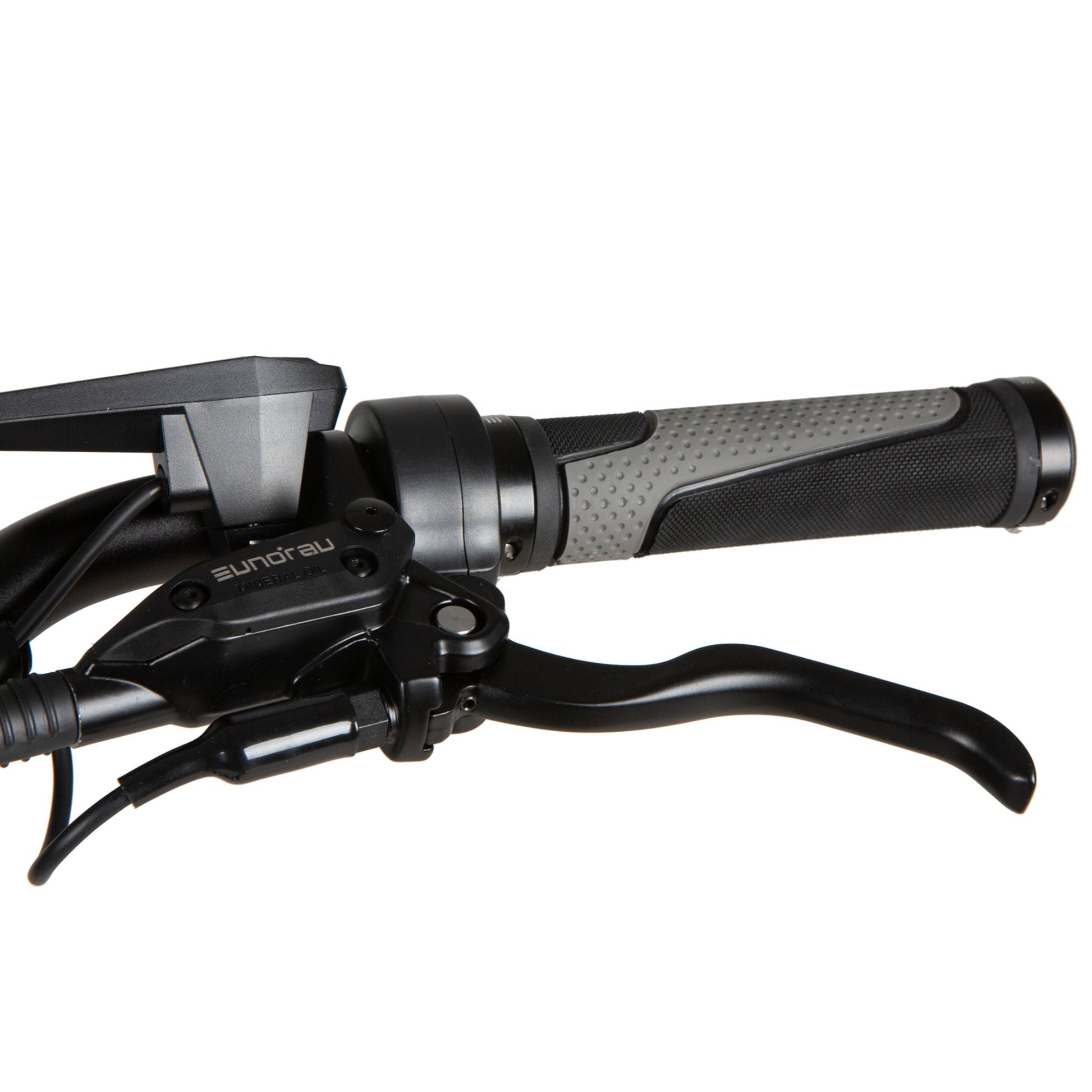Close-up of EUNORAU META Foldable e-bike handlebar with brake lever and grip
