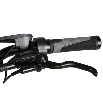 Close-up of EUNORAU META Foldable e-bike handlebar with brake lever and grip