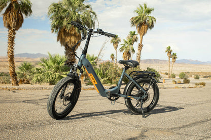 EUNORAU META Foldable electric bike with 20-inch wheels, front suspension, foldable frame, and 7-speed Shimano gearing.