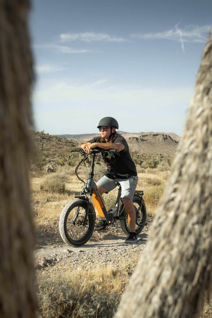 Eunorau Meta 20 Foldable electric bicycle with a person riding in the desert with trees in foreground