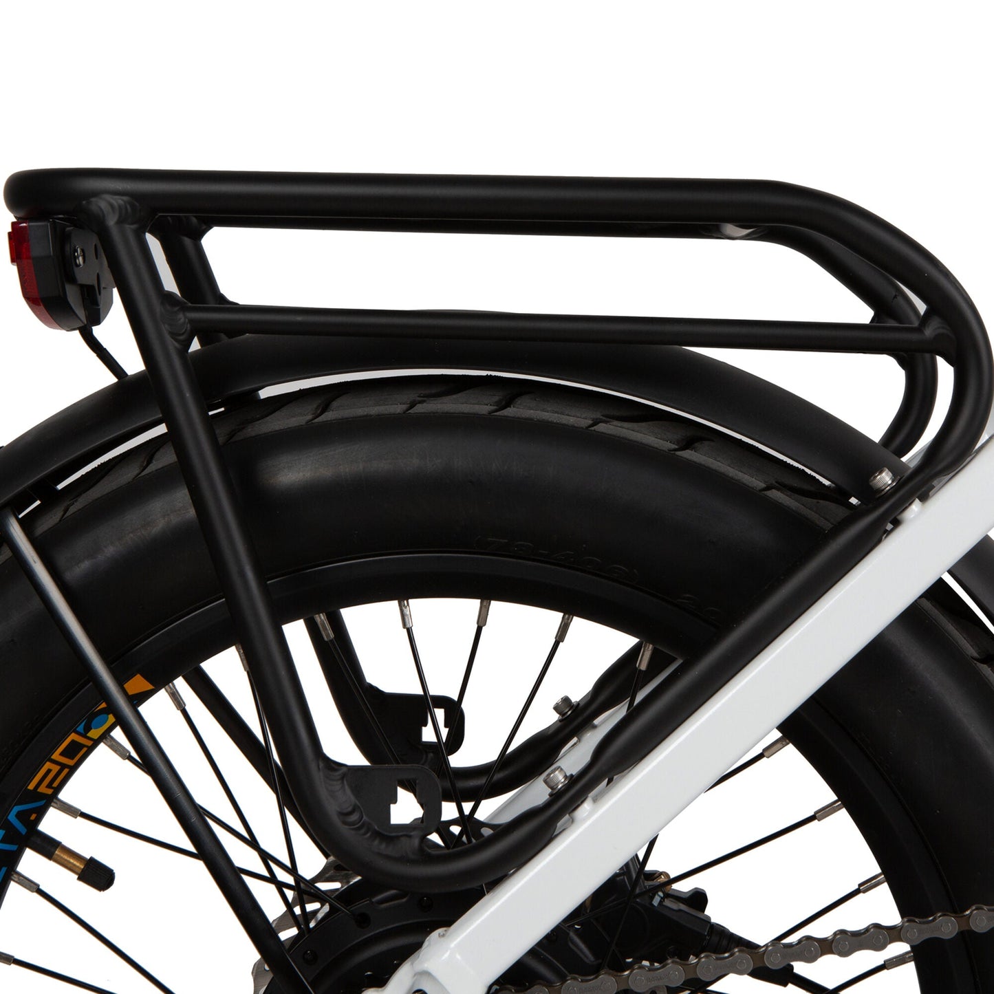 Close-up of the rear section of the EUNORAU META Foldable e-bike showing the rear rack, large tire, and part of the frame