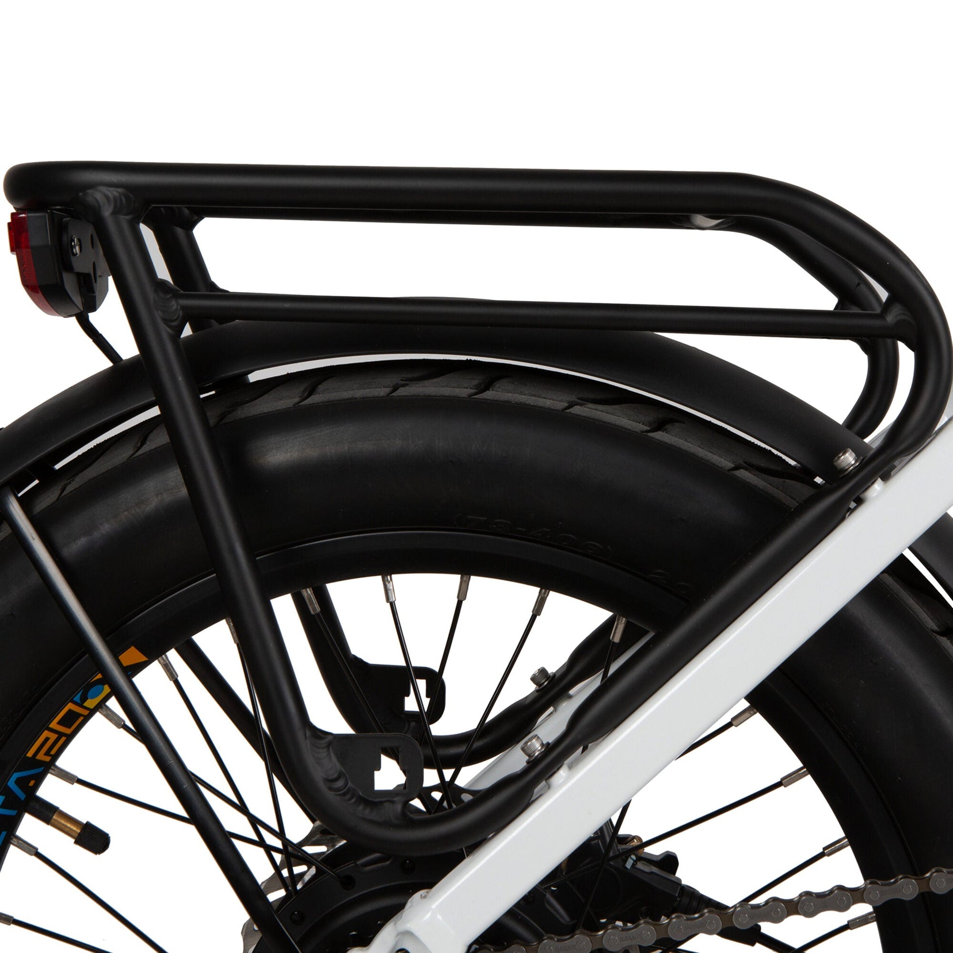 Close-up of the rear section of the EUNORAU META Foldable e-bike showing the rear rack, large tire, and part of the frame