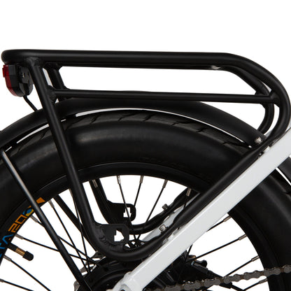 Close-up of the rear section of the EUNORAU META Foldable e-bike showing the rear rack, large tire, and part of the frame
