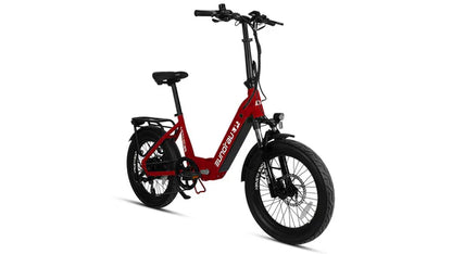 EUNORAU META Foldable electric bike with 20" wheels, 15" frame, dual motor control, foldable design, front suspension, hydraulic disc brakes, and 100-mile range option