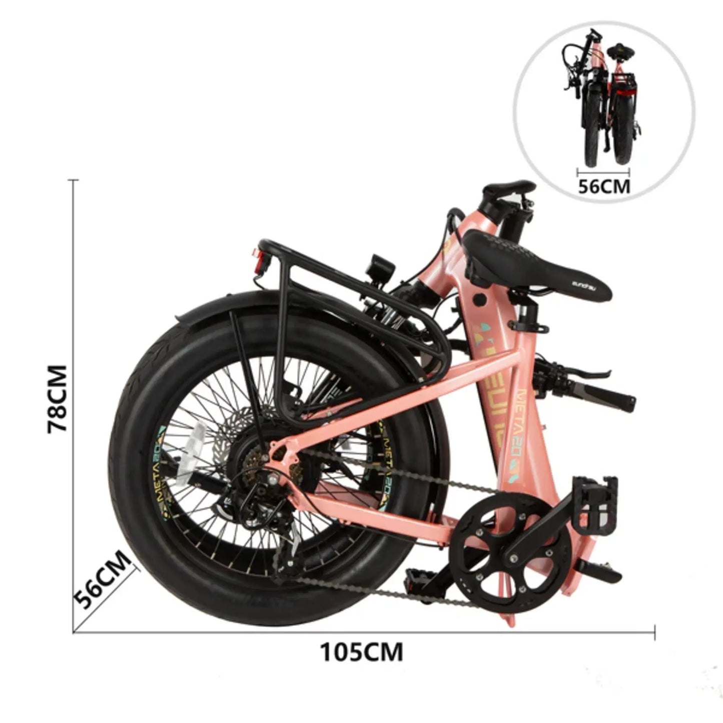 Folded EUNORAU META foldable electric bike with 20-inch wheels and compact 15-inch frame for easy storage and transport
