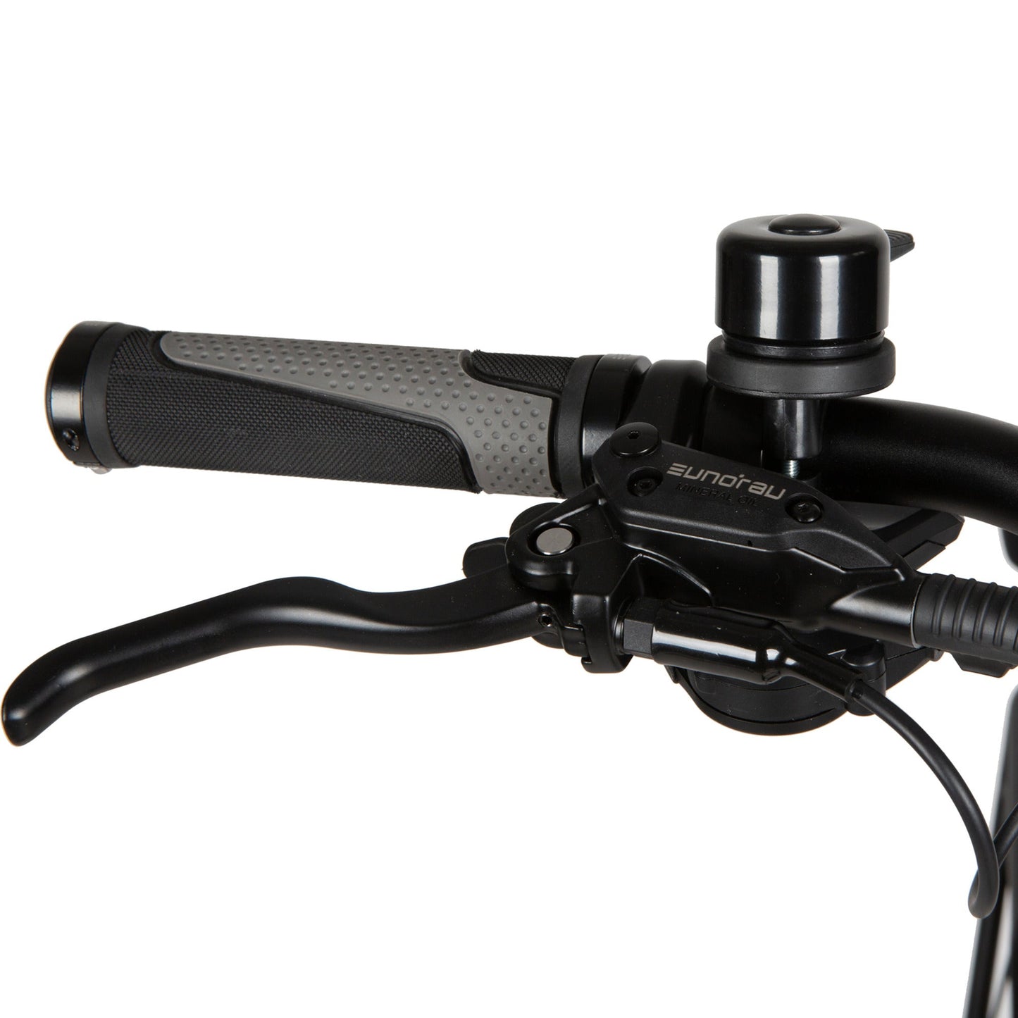 Close-up of the EUNORAU META Foldable e-bike handlebar with brake lever, grip, and bell