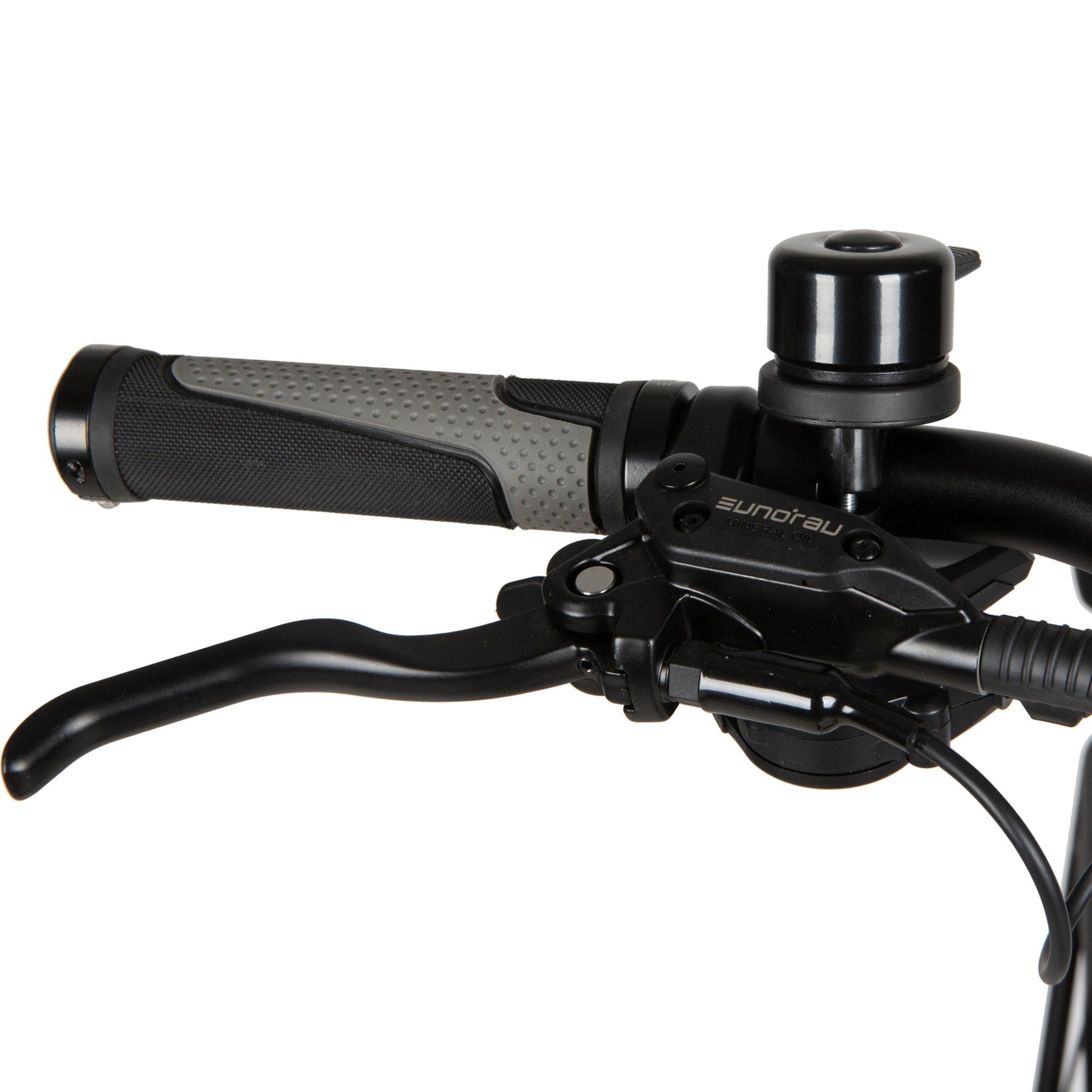Close-up of the EUNORAU META Foldable e-bike handlebar with brake lever, grip, and bell