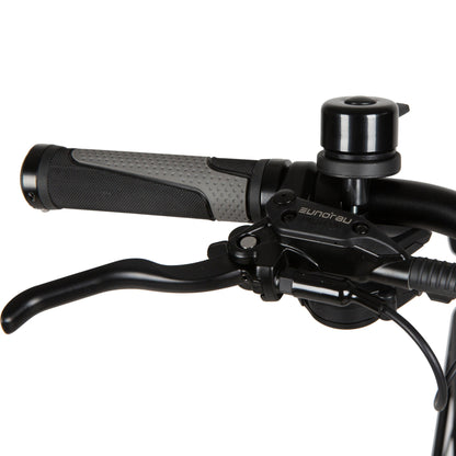 Close-up of the EUNORAU META Foldable e-bike handlebar with brake lever, grip, and bell