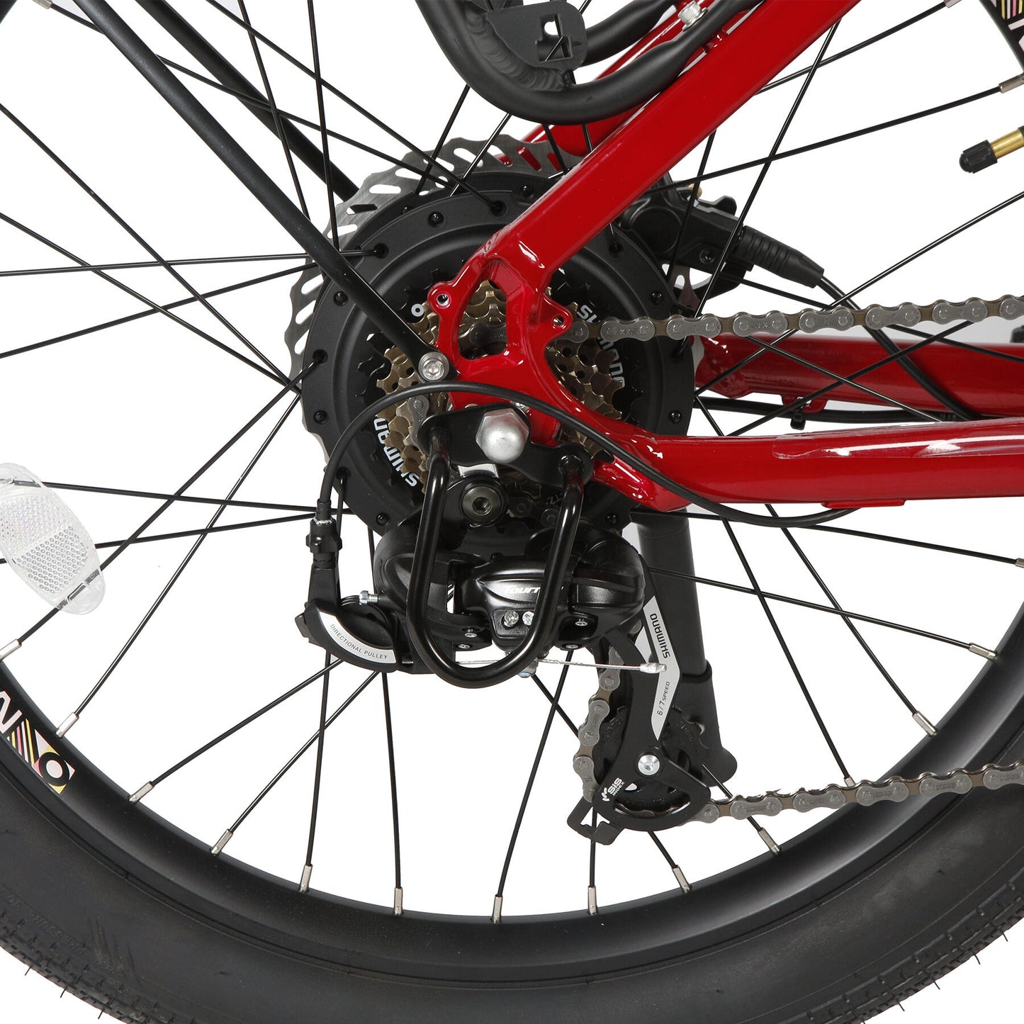 Eunorau Meta 24 ST 2.0 Electric bike close up for a rear wheel and cassette on white background