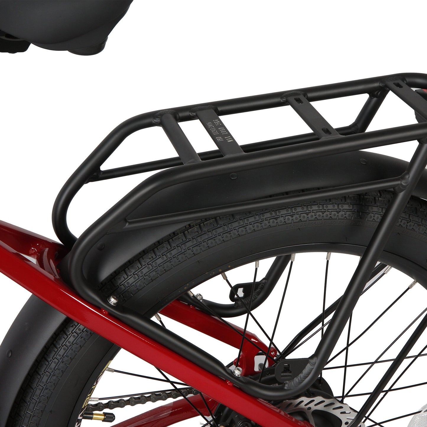 Eunorau Meta 24 ST 2.0 Electric bike close up of a rear rack and rear wheel on a white background