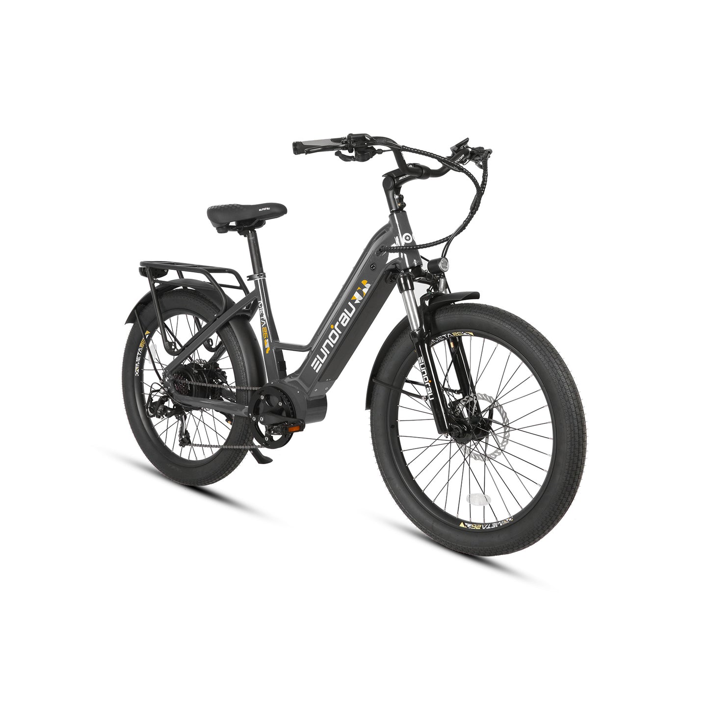 Eunorau Meta 26 Step Through Black Electric Bike front rear view on a white background
