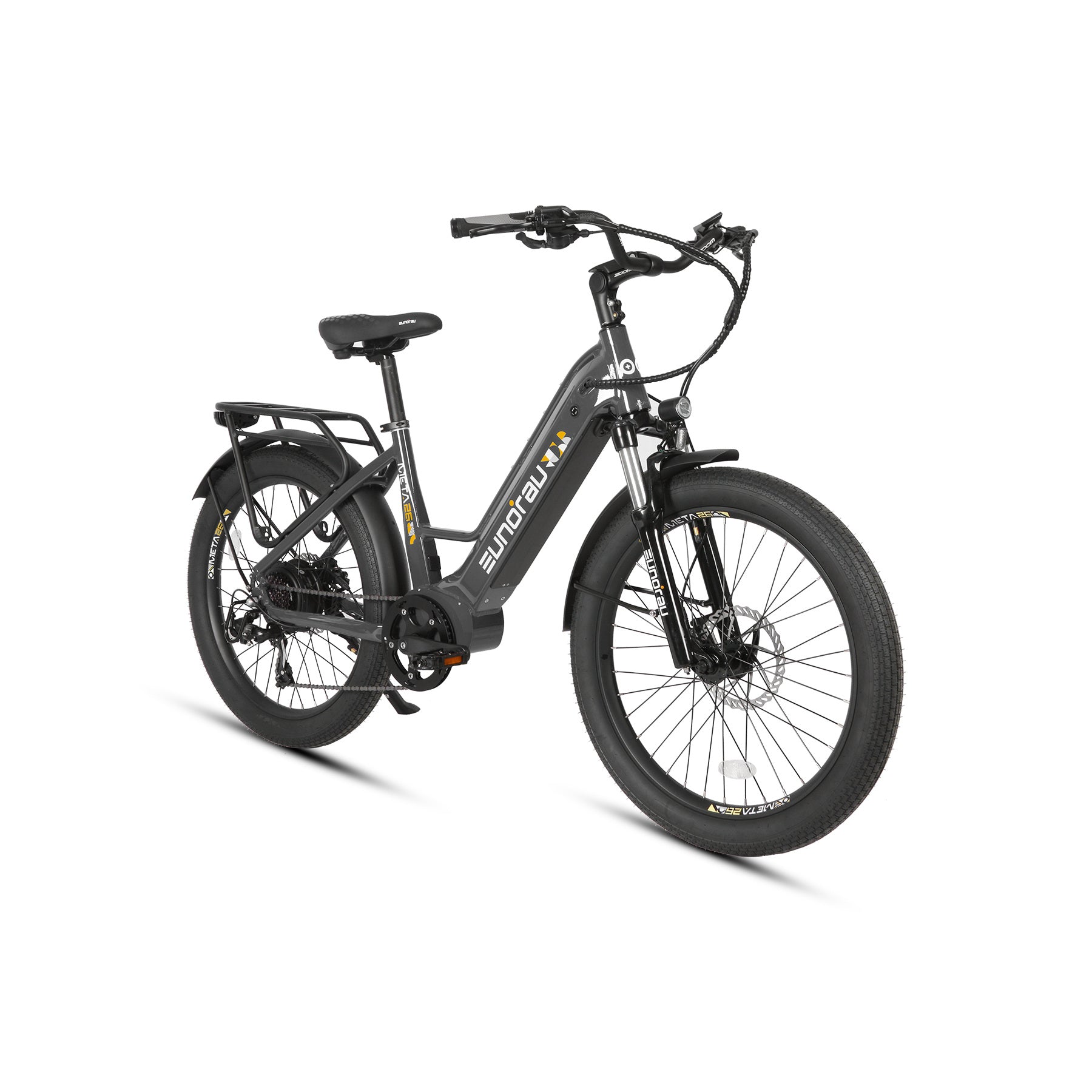 Eunorau Meta 26 Step Through Black Electric Bike front rear view on a white background