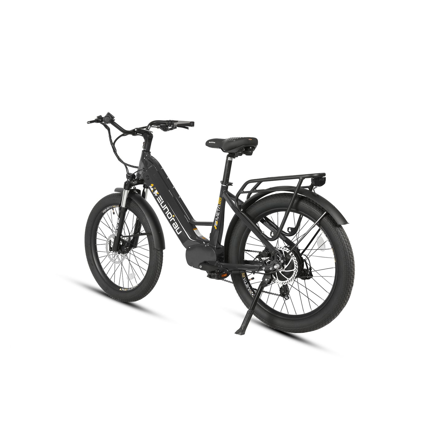 Eunorau Meta 26 Step Through Black Electric Bike rear side view on a white background