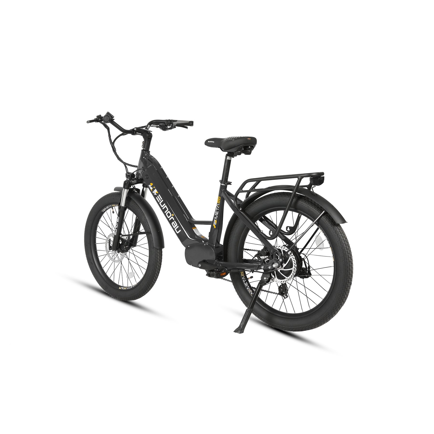 Eunorau Meta 26 Step Through Black Electric Bike rear side view on a white background