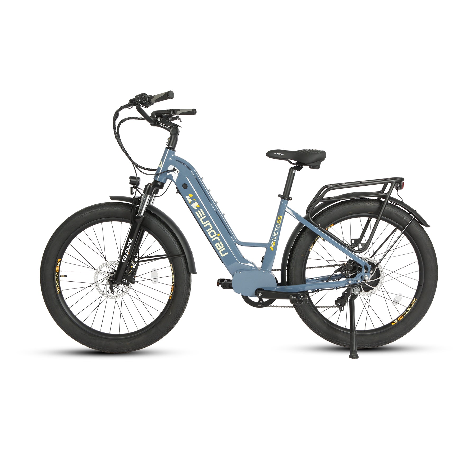 Alternate Side view of a Eunorau Meta 26 Step Through Blue Electric Bike on a white background