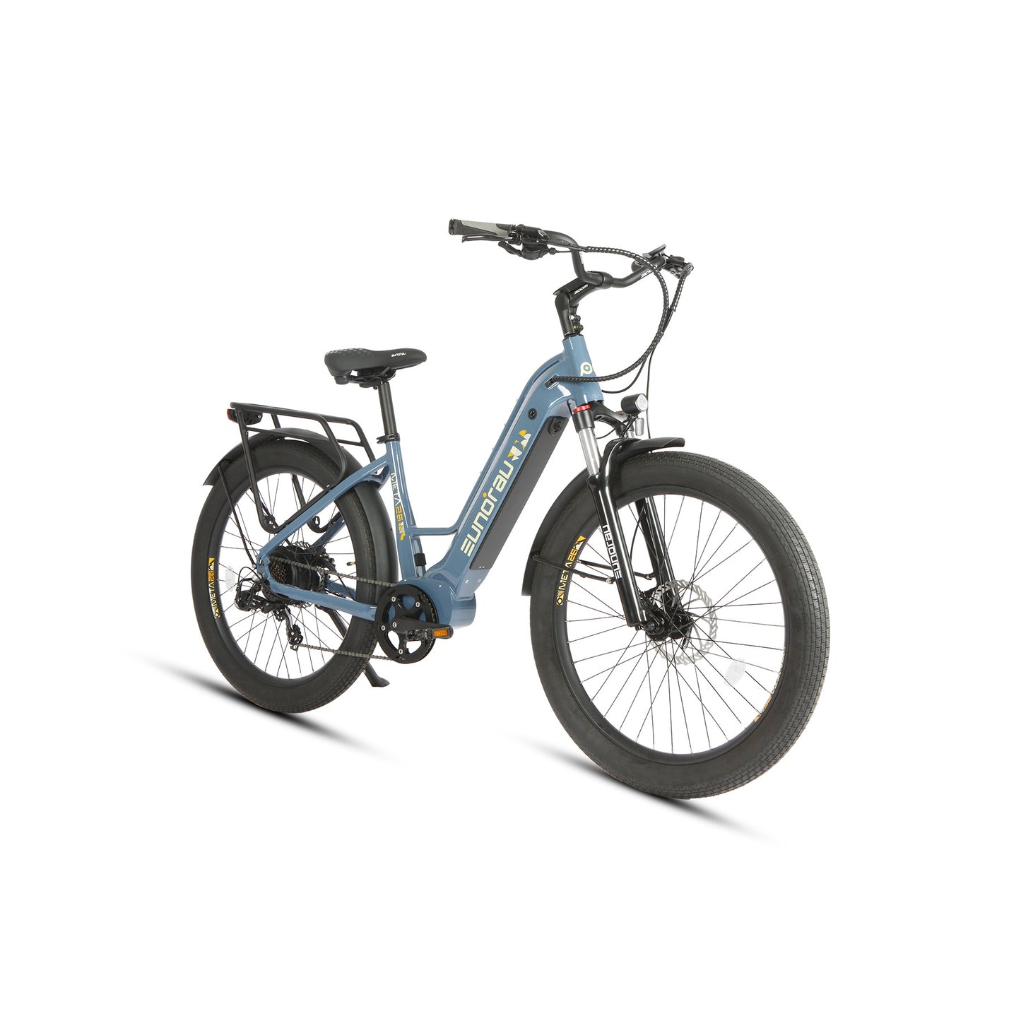 Eunorau Meta 26 Step Through Blue Electric Bike front side view on a white background