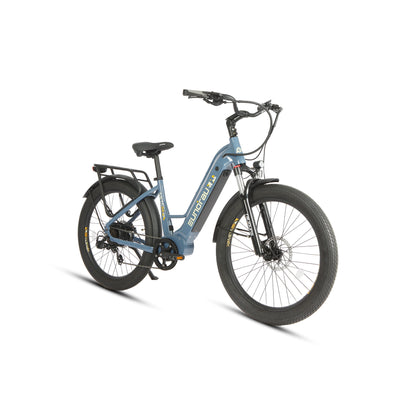 Eunorau Meta 26 Step Through Blue Electric Bike front side view on a white background