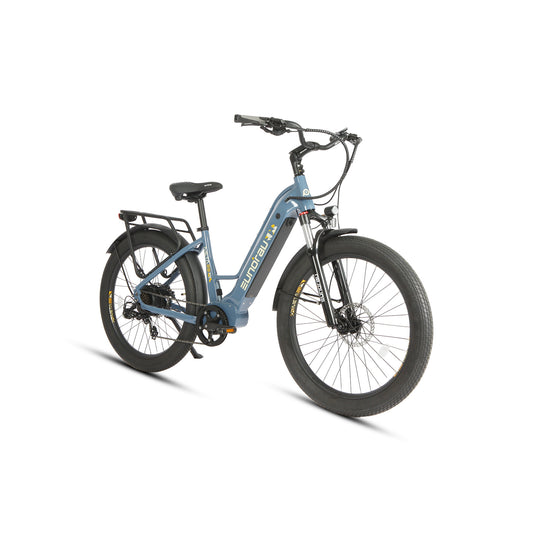 Eunorau Meta 26 Step Through Blue Electric Bike front side view on a white background