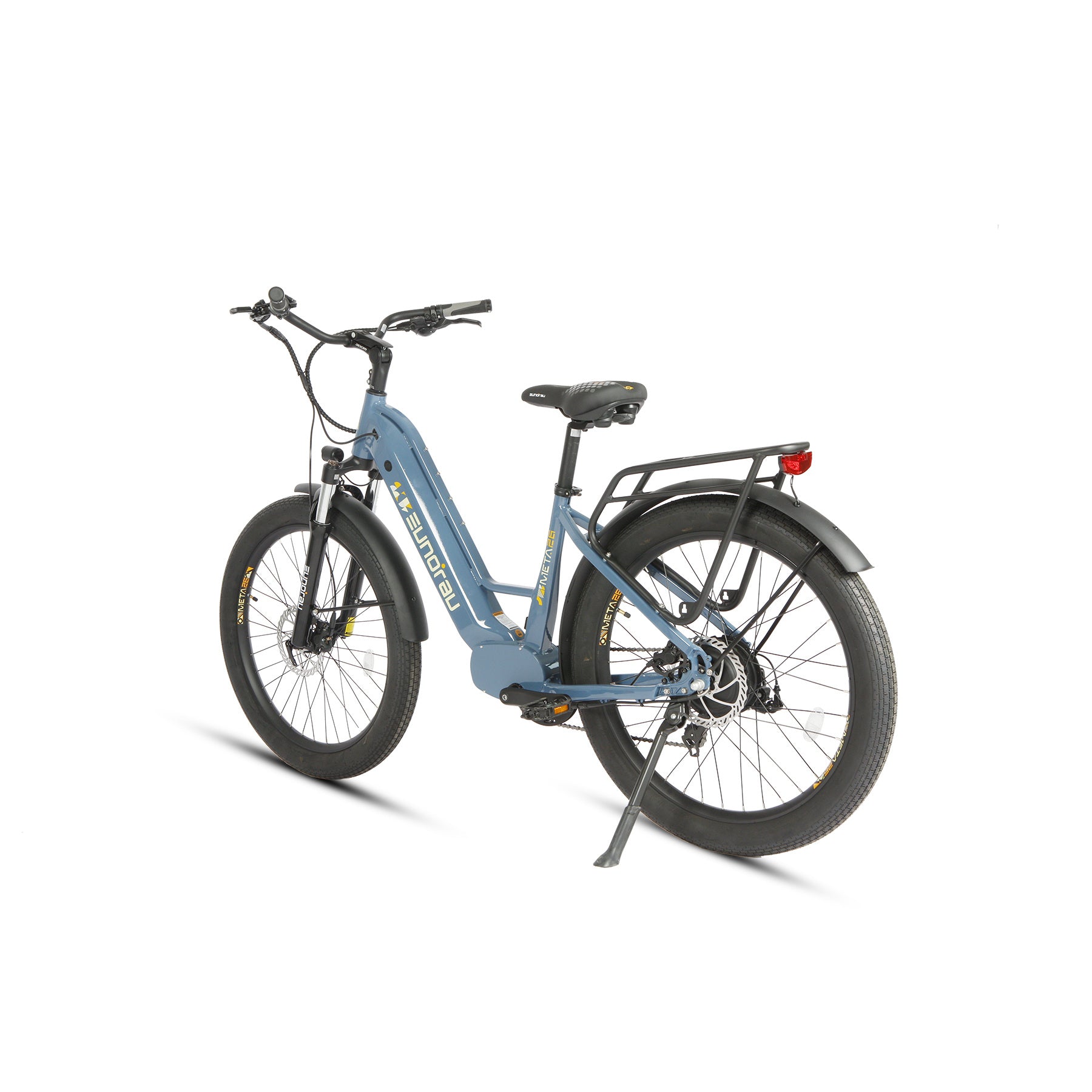 Eunorau Meta 26 Step Through Blue Electric Bike rear side view on a white background