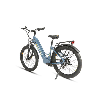 Eunorau Meta 26 Step Through Blue Electric Bike rear side view on a white background