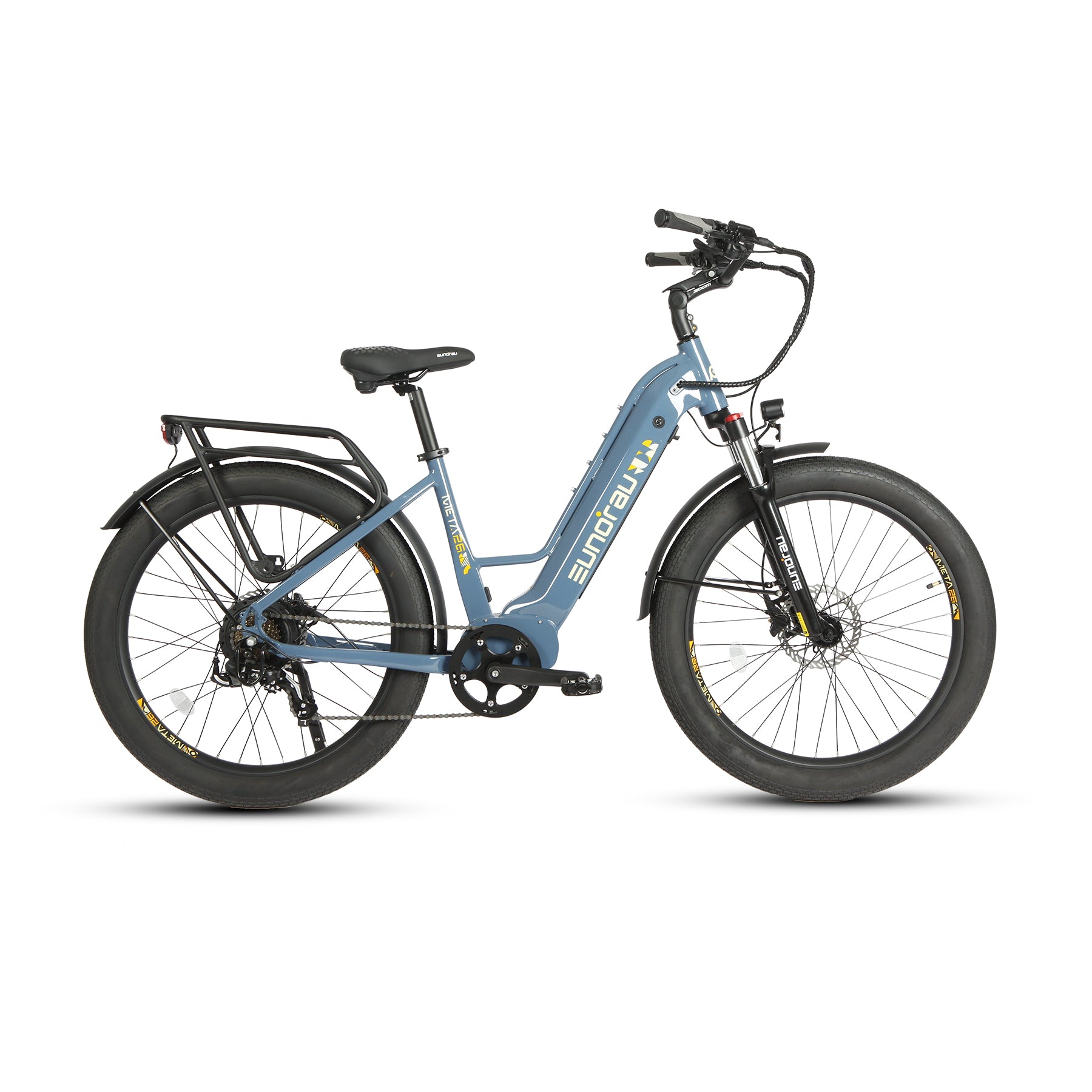 Eunorau Meta 26 Step Through Blue Electric Bike on a white background shot from a side view