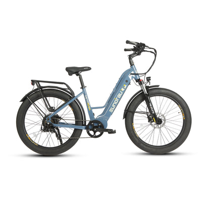 Eunorau Meta 26 Step Through Blue Electric Bike on a white background shot from a side view