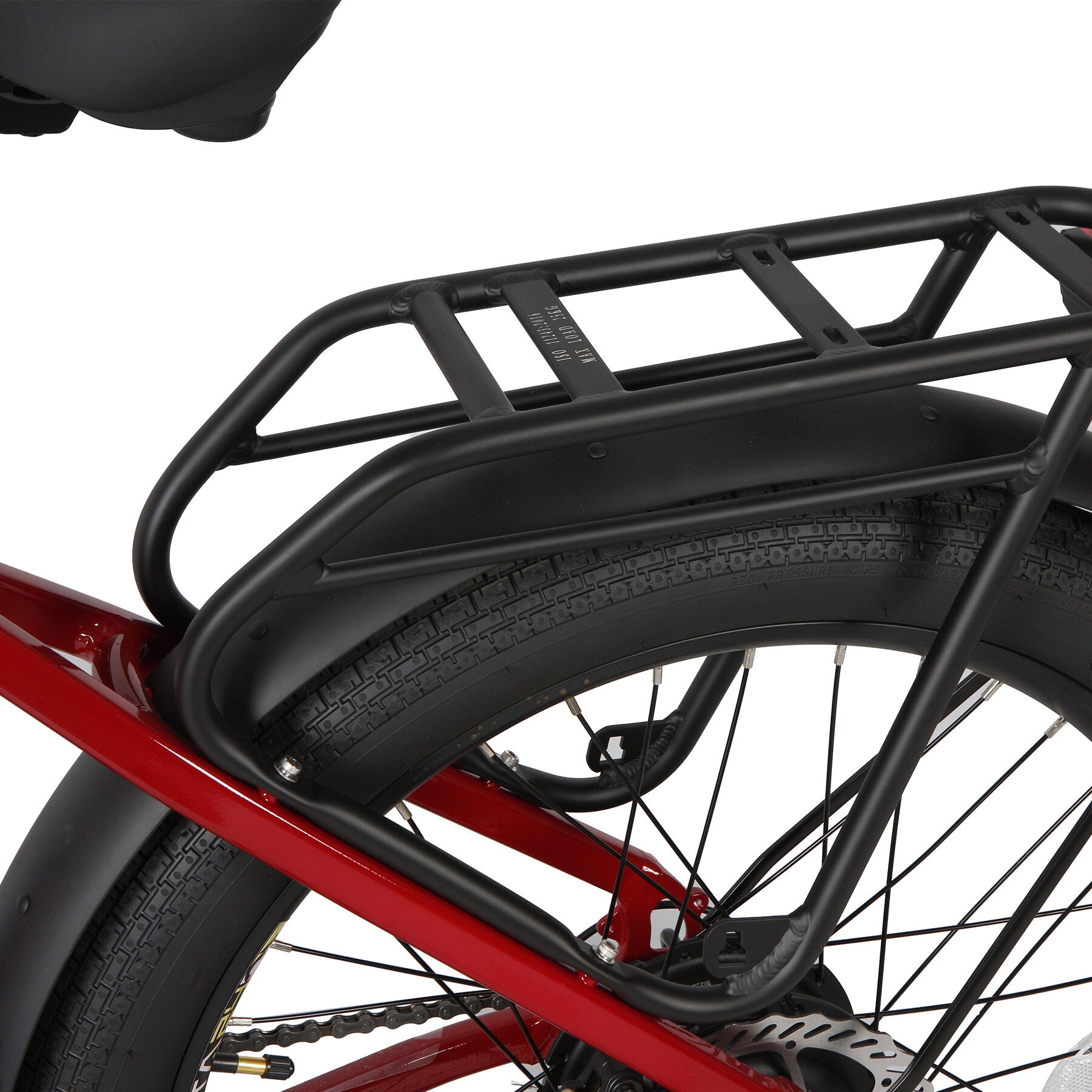 Eunorau Meta 26 Step Through Electric Bike close up of rear bike rack and rear wheel on a white background
