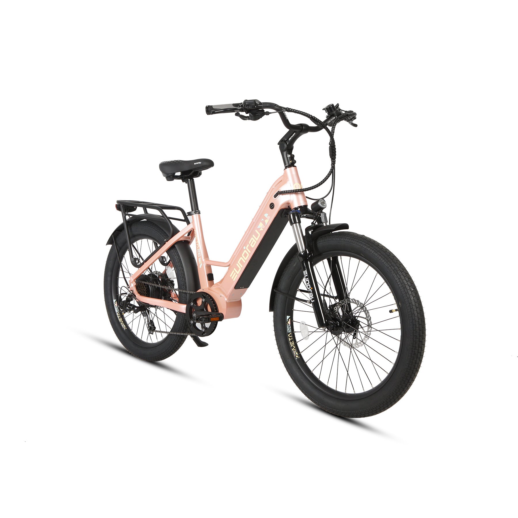 Eunorau Meta 26 Step Through Pink Electric Bike front rear view on a white background