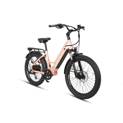 Eunorau Meta 26 Step Through Pink Electric Bike front rear view on a white background