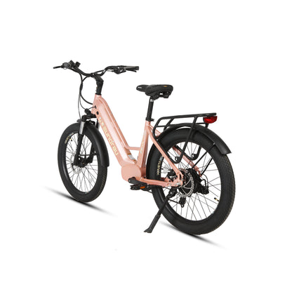 Eunorau Meta 26 Step Through Pink Electric Bike rear side view on a white background