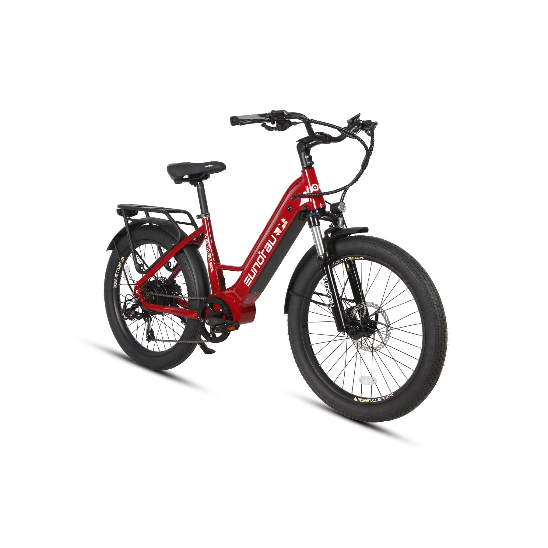 Eunorau Meta 26 Step Through Red Electric Bike front side view on a white background