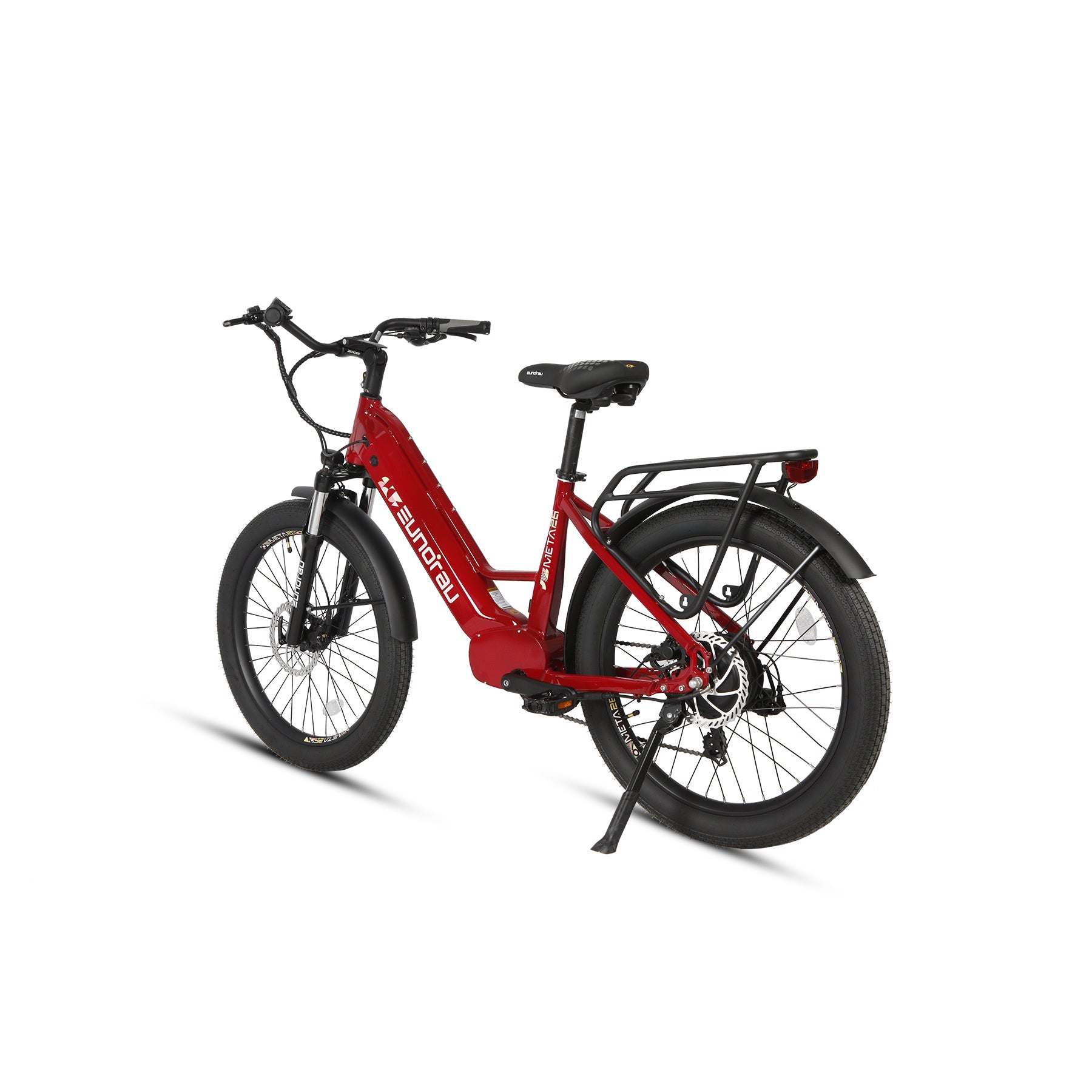 Eunorau Meta 26 Step Through Red Electric Bike rear side view on a white background