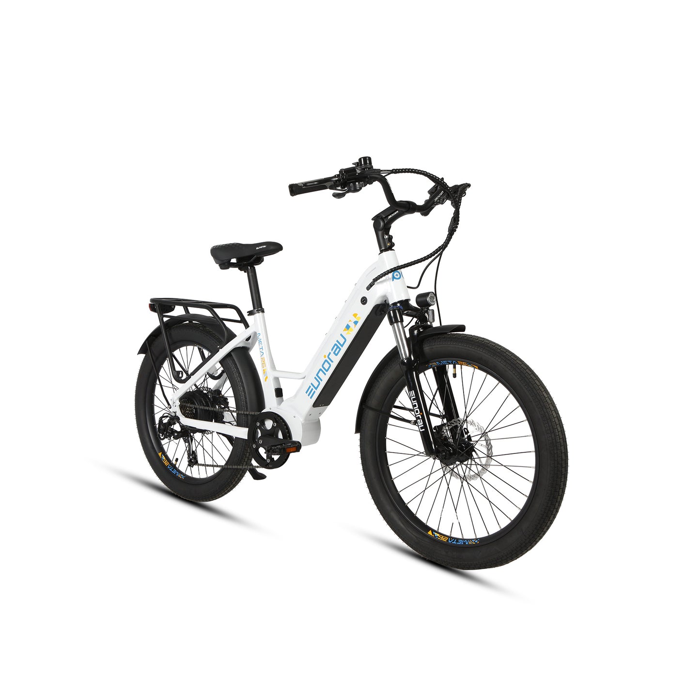 Eunorau Meta 26 Step Through White Electric Bike front side view on a white background