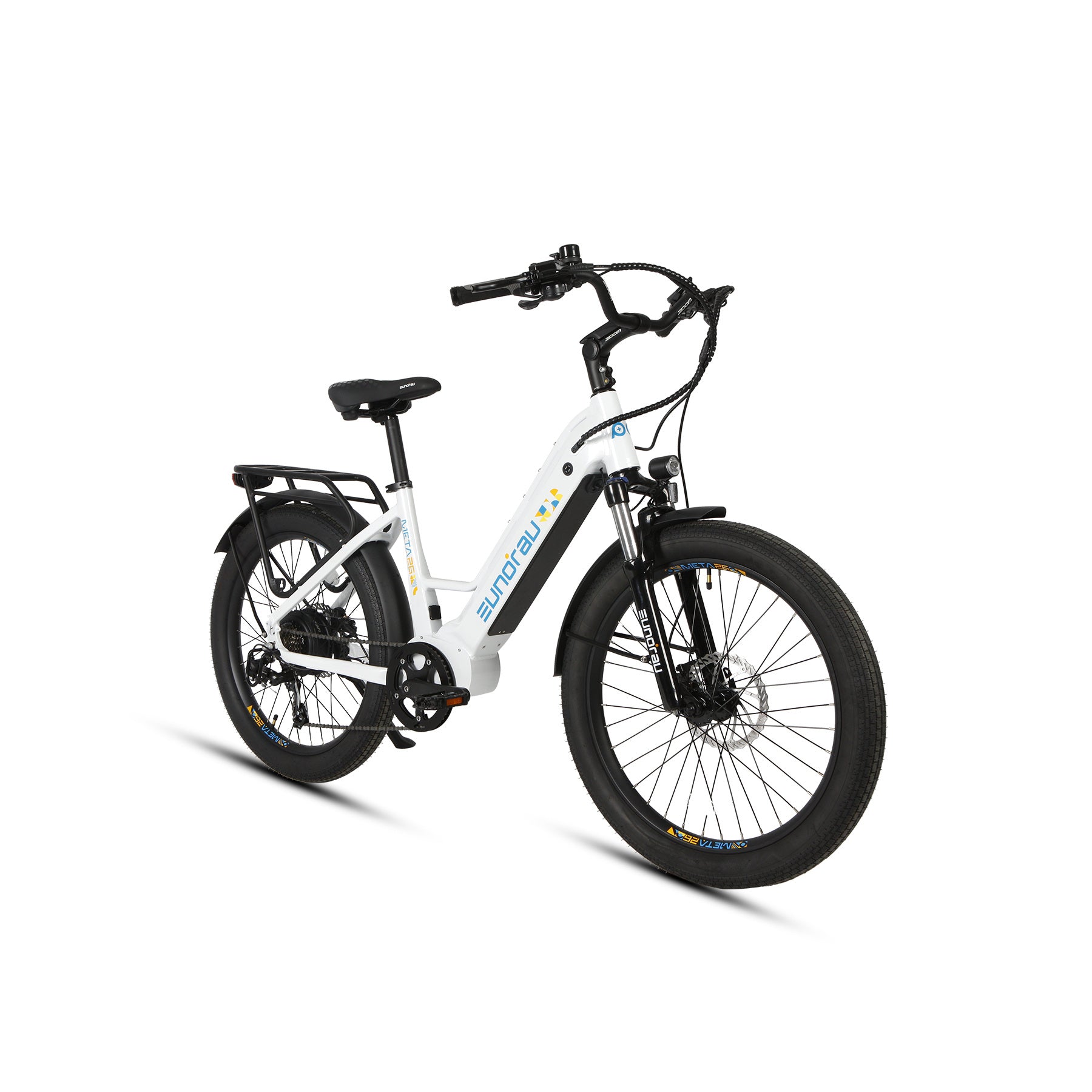 Eunorau Meta 26 Step Through White Electric Bike front side view on a white background