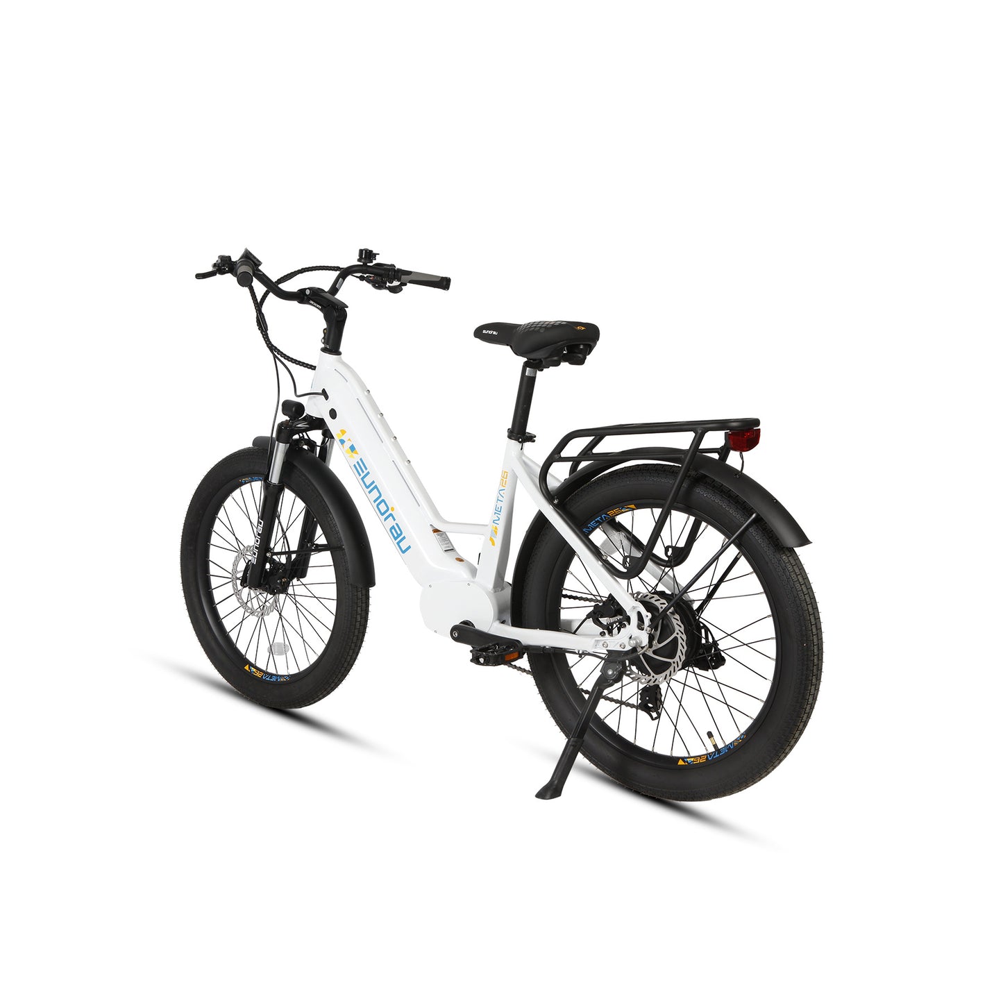 Eunorau Meta 26 Step Through Whte Electric Bike rear side view on a white background