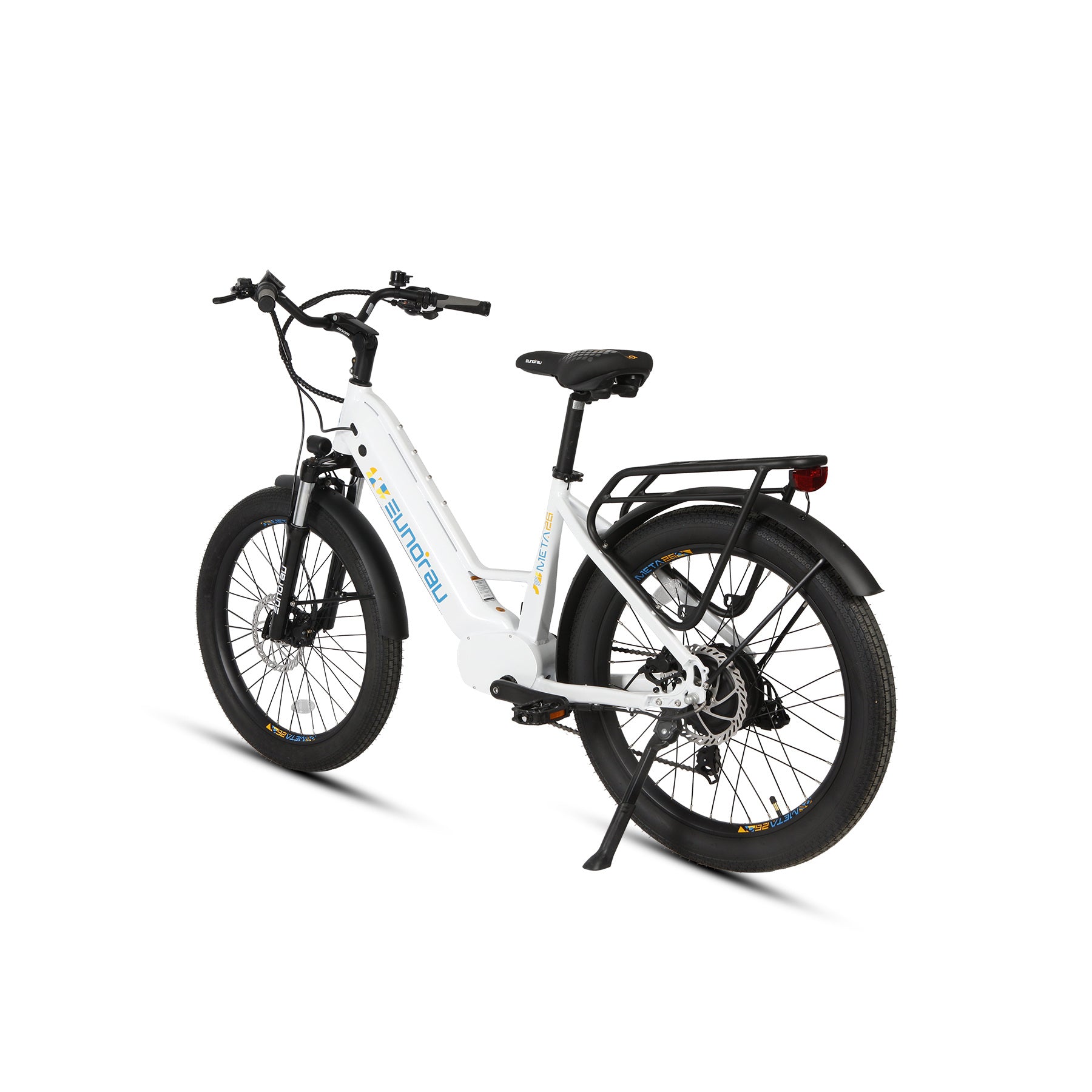 Eunorau Meta 26 Step Through Whte Electric Bike rear side view on a white background