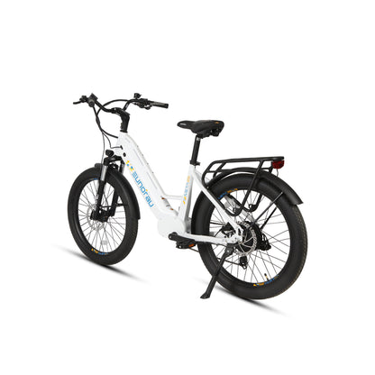 Eunorau Meta 26 Step Through Whte Electric Bike rear side view on a white background