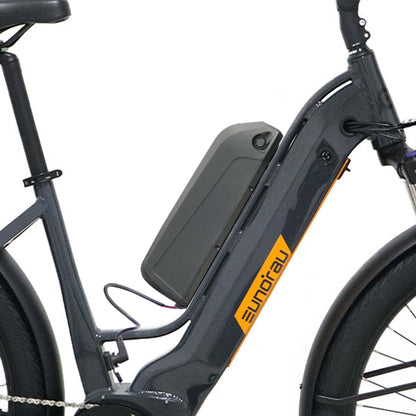 Eunorau Meta 275 Step-through electric bike frame, battery and logo close up on a white background