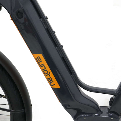 Eunorau Meta 275 Step-through electric bike frame and logo close up on white background