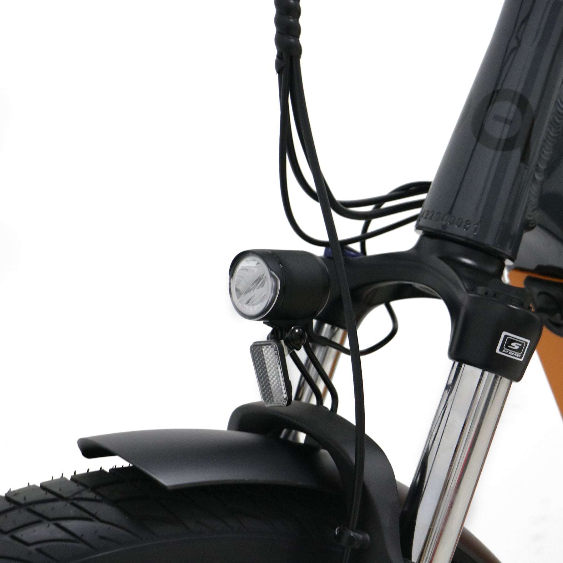 Eunorau Meta 275 Step-through electric bike close up of a front light on a white background